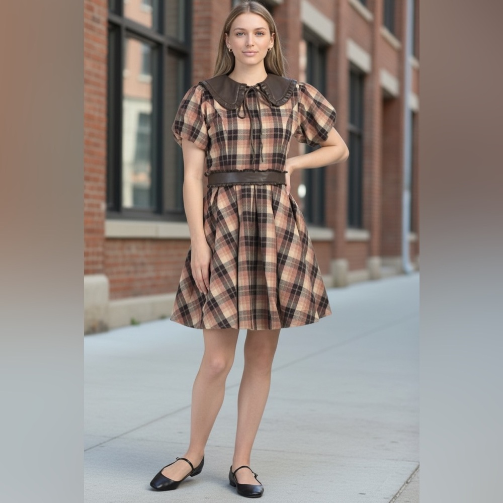 Ivy City Co Brown Plaid Dress sz M Celine‎ Fit and Flare Faux Leather Trim